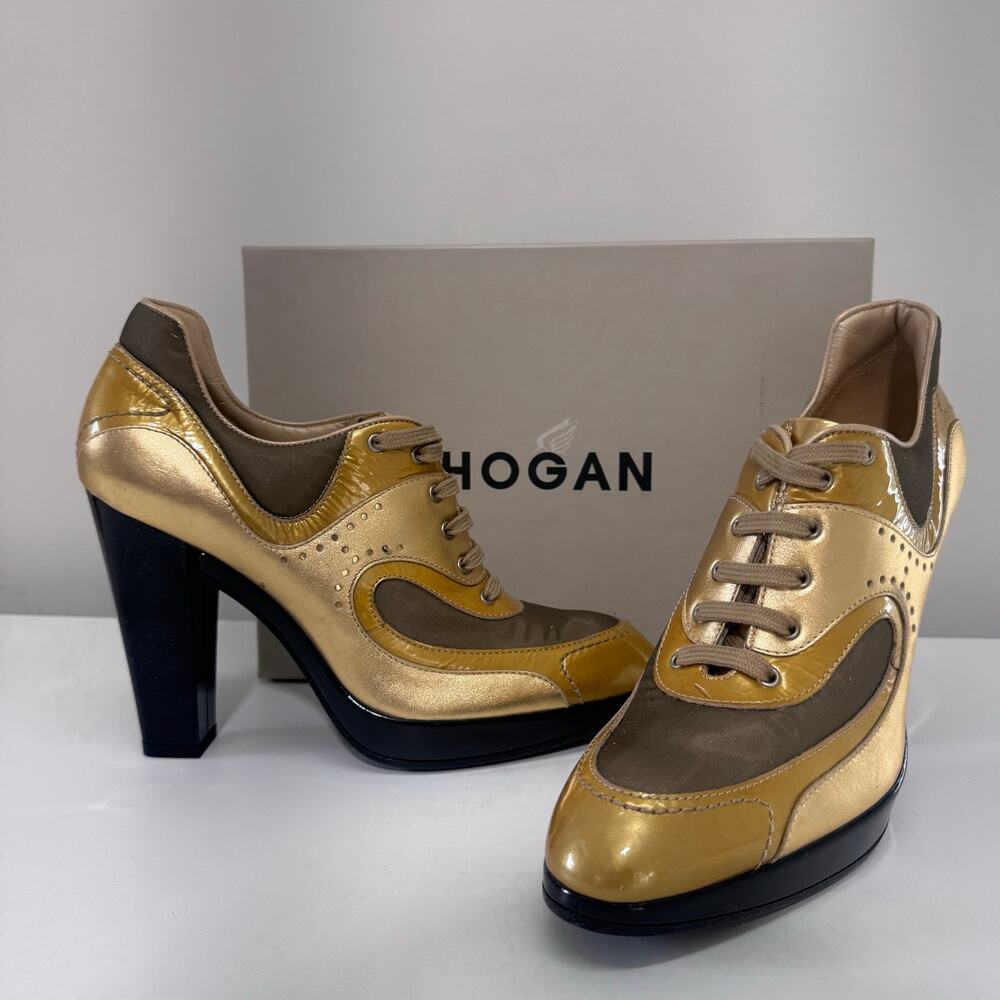 NEW Hogan Tacco 90 Oxford Sneaker Inspired Leather Heels Shoes Gold sz 40/US 10